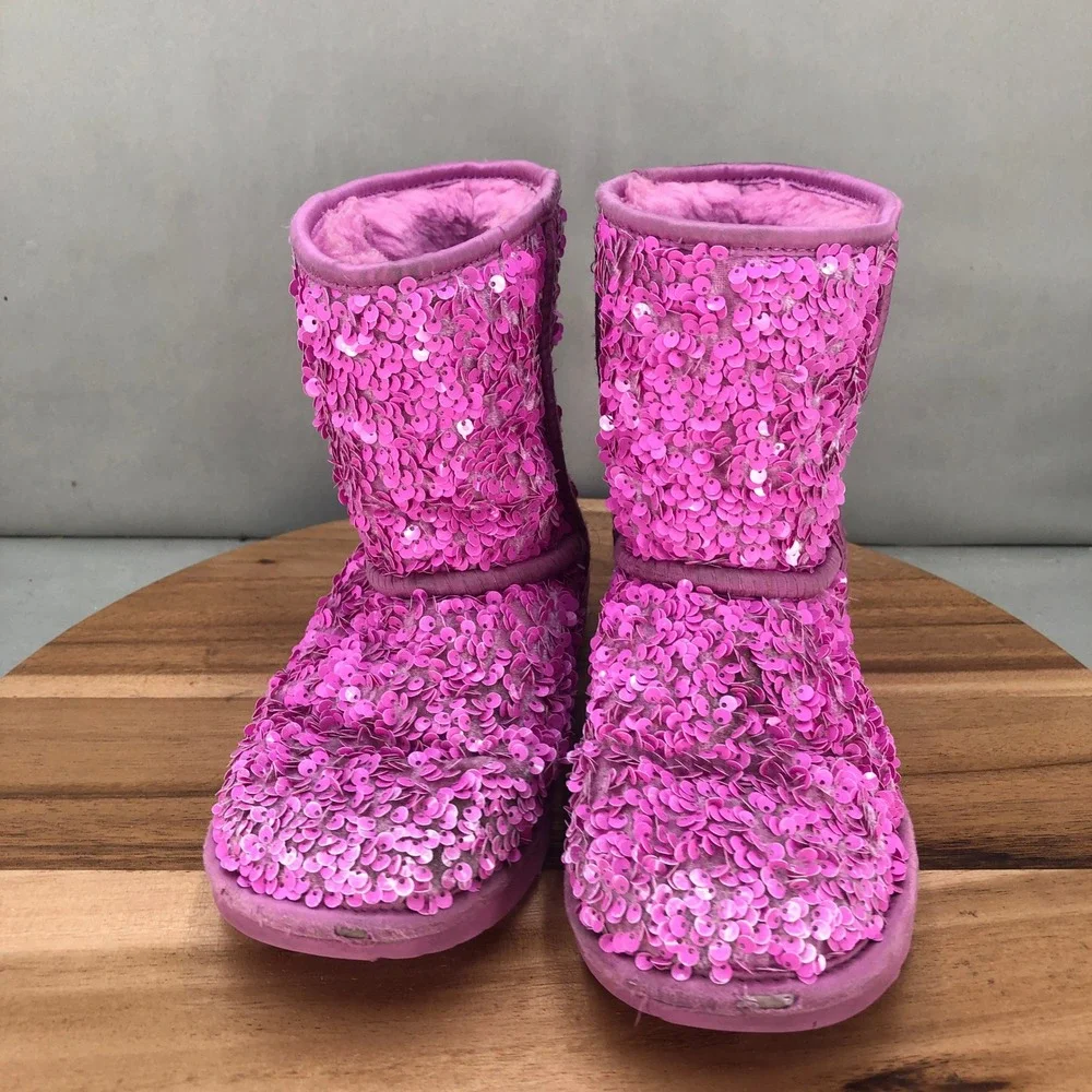 UGG Classic Short Sequin Pink Boots Girls Size 4 Sparkle Shearling Lined
